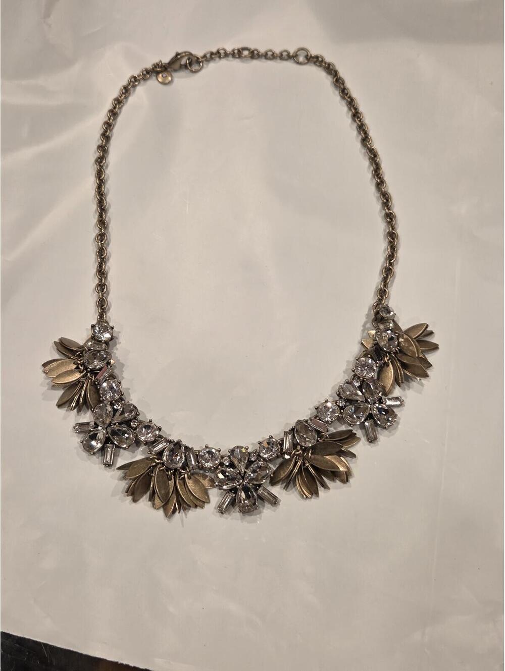 J.Crew Crystal Leaf Statement Necklace with Matte Gold Floral Leaf Charms and Rh